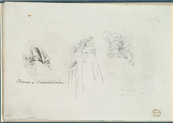 Three Costume Sketches of a Bonnet, a Cloak, and a Hat