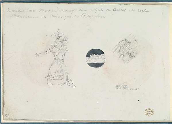 Sketches of a Woman in a Corseted Gown, a Castle, and a Horse's Head
