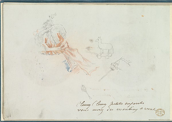 A Costume Design Sketch for a Hat and Three Sketches of Children's Toys
