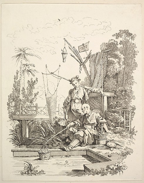 A Chinese Man and Woman Fishing by a Fishpond