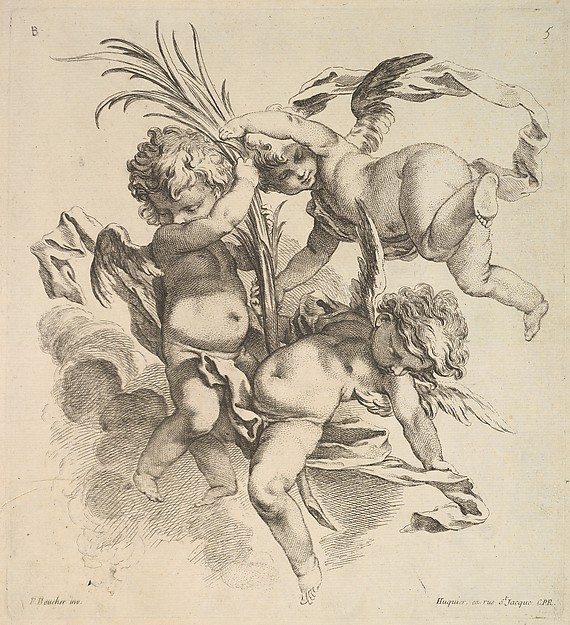 Three Children Among Clouds Near a Palm Leaf