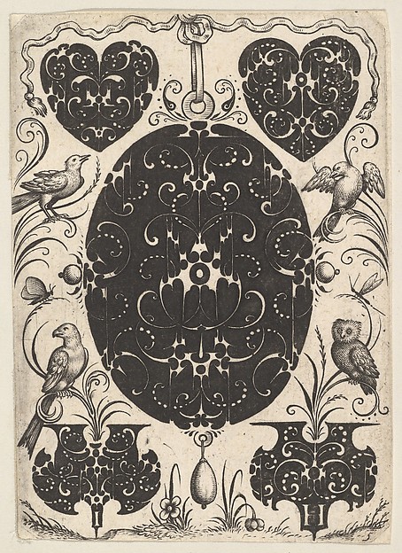 Oval Pendant Decorated with Schweifwerk, Surrounded by Smaller Motifs and Four Birds
