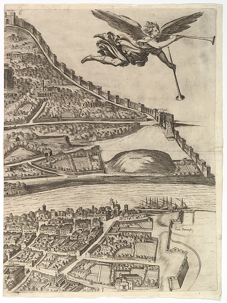 Plan of the City of Rome. Part 6 with the Aurelian city wall, the Porta Portuensis (Ostiensis?) and the Sepulcre of Caius Cestius.