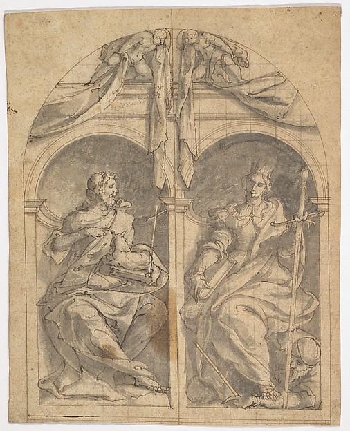 Two Wings of an Altarpiece depicting Saints John the Baptist and Catherine in Niches Surmounted by Angels by Jan van Scorel