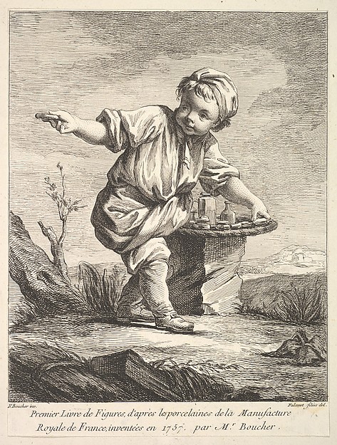 Frontispiece with litte boy holding a basket, from "Premier Livre de Figures d'après les porcelaines de la Manufacture Royale de France, inventées en 1757, par Mr. Boucher" (First Book of Figures after porcelains from the Manufacture Royale de France, devised in 1757, by Mr. Boucher)