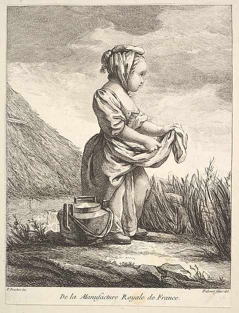 Little girl with a vessel by her feet, from "Premier Livre de Figures d'après les porcelaines de la Manufacture Royale de France, inventées en 1757, par Mr. Boucher" (First Book of Figures after porcelains from the Manufacture Royale de France, devised in 1757, by Mr. Boucher)