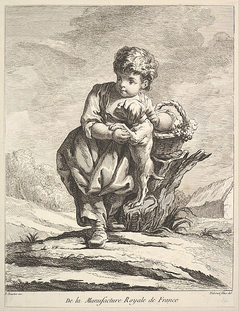 Child with a dog, holding a basket of grapes, from "Premier Livre de Figures d'après les porcelaines de la Manufacture Royale de France, inventées en 1757, par Mr. Boucher" (First Book of Figures after porcelains from the Manufacture Royale de France, devised in 1757, by Mr. Boucher)