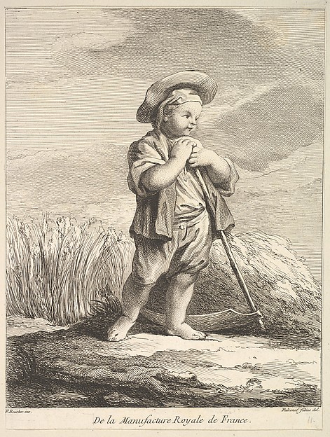 Little boy with a scythe, from "Premier Livre de Figures d'après les porcelaines de la Manufacture Royale de France, inventées en 1757, par Mr. Boucher" (First Book of Figures after porcelains from the Manufacture Royale de France, devised in 1757, by Mr. Boucher)