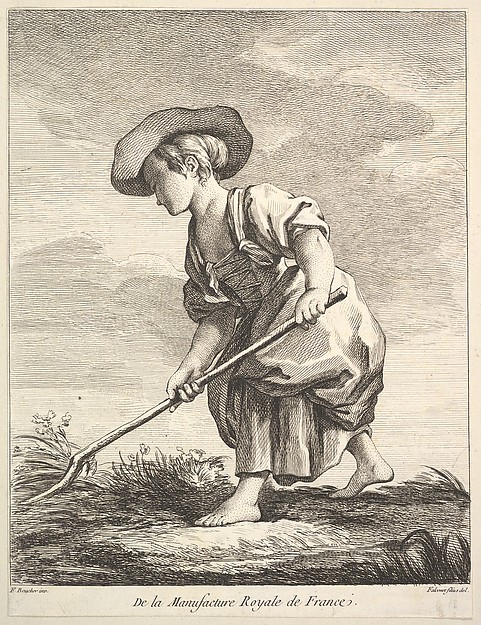 Little girl doing farm work, from "Premier Livre de Figures d'après les porcelaines de la Manufacture Royale de France, inventées en 1757, par Mr. Boucher" (First Book of Figures after porcelains from the Manufacture Royale de France, devised in 1757, by Mr. Boucher)