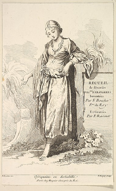 Afriquaine en deshabillé, plate 1 from "Recueil de diverses fig.res étrangeres Inventées par F. Boucher P.tre du Roy et Gravées par F. Ravenet" (Collection of Various Foreign Figures, Devised by F. Boucher, Painter of the King and Engraved [etched] by F. Ravenet)