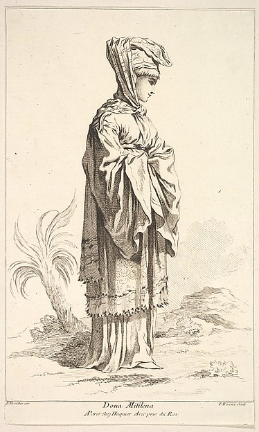 Dona Mitilena, from Recueil de diverses fig.res étrangeres Inventées par F. Boucher P.tre du Roy et Gravées par F. Ravenet (Collection of Various Foreign Figures, Devised by F. Boucher, Painter of the King and Engraved [etched] by F. Ravenet), plate 3