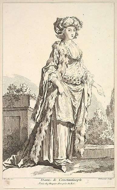 Dame de Constantinople, plate 5 from "Recueil de diverses fig.res étrangeres Inventées par F. Boucher P.tre du Roy et Gravées par F. Ravenet" (Collection of Various Foreign Figures, Devised by F. Boucher, Painter of the King and Engraved [etched] by F. Ravenet)