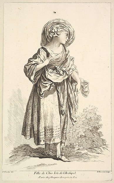 Fille de Cio isle de l'Archipel, from Recueil de diverses fig.res étrangeres Inventées par F. Boucher P.tre du Roy et Gravées par F. Ravenet (Collection of Various Foreign Figures, Devised by F. Boucher, Painter of the King and Engraved [etched] by F. Ravenet), plate 10