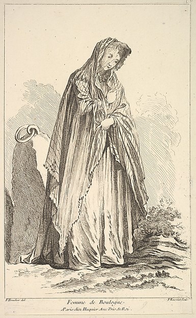 Femme de Boulogne, plate 9 from "Recueil de diverses fig.res étrangeres Inventées par F. Boucher P.tre du Roy et Gravées par F. Ravenet" (Collection of Various Foreign Figures, Devised by F. Boucher, Painter of the King and Engraved [etched] by F. Ravenet)