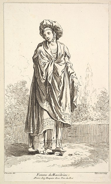 Femme de Macédoine, from Recueil de diverses fig.res étrangeres Inventées par F. Boucher P.tre du Roy et Gravées par F. Ravenet (Collection of Various Foreign Figures, Devised by F. Boucher, Painter of the King and Engraved [etched] by F. Ravenet), plate 12