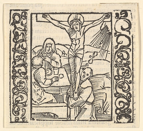 Crucifixion by a table, illustration from Speculum Passionis, 1507 by Hans Baldung Grien