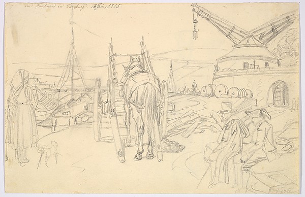 View of the Alter Kranen in Würzburg; verso: Study of Three Soldiers and Two More Figures