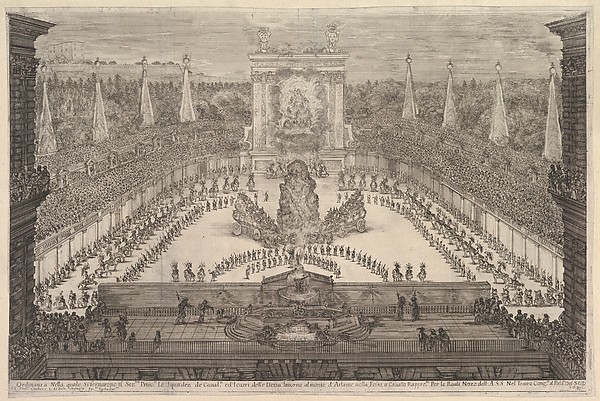 The Prince of Tuscany and his chariots arranged around Mount Atlas in center, from "Il mondo festeggiante"