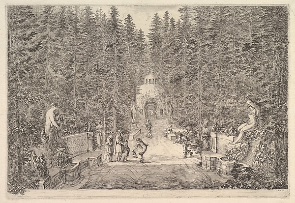 An avenue lined with statues in a pine forest, jets of water issuing from the ground, various figures in center, a small building in background center, from 'Views of the villa at Pratolino' (Vues de la villa de Pratolino)