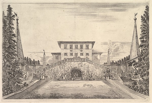 The villa at center flanked by four obelisks, a staircase to either side, a statue in a niche in center of staircases, various figures and dogs below, from 'Views of the villa at Pratolino' (Vues de la villa de Pratolino)