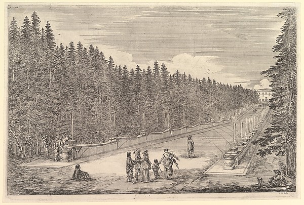An alley of fountains, a group of people in center, a man and dog seated to right, two men and a woman to left, one of the men tasting the water from the fountain, the villa in background to right, from 'Views of the villa at Pratolino' (Vues de la villa de Pratolino)