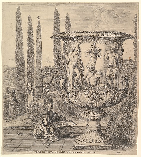 The Medici vase, a large vase to right decorated with a representation of the sacrifice of Iphigenia, on a garden terrace, a teenage boy seated to left with a pen and paper with a drawing of the vase, cyprus trees and an obelisk to left in the background, from 'Six large views, four of Rome, and two of the Roman countryside' (Six grandes vues, dont quatre de Rome et deux de la Campagne romaine)