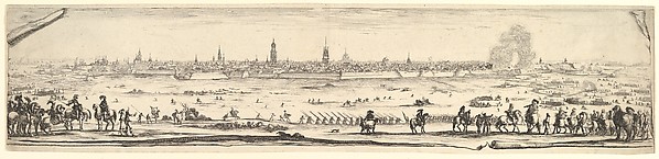 Plan and view of the city of Arras, depicting a siege with horsemen in foreground to left and right, footsoldiers in center, clouds of smoke to right, cityscape in the background