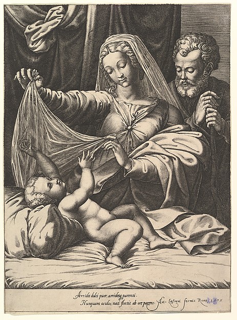 Madonna of Loreto, the Virgin lifts a veil above the Child, who lies on a bed and pillow, Joseph stands behind with both hands on his staff