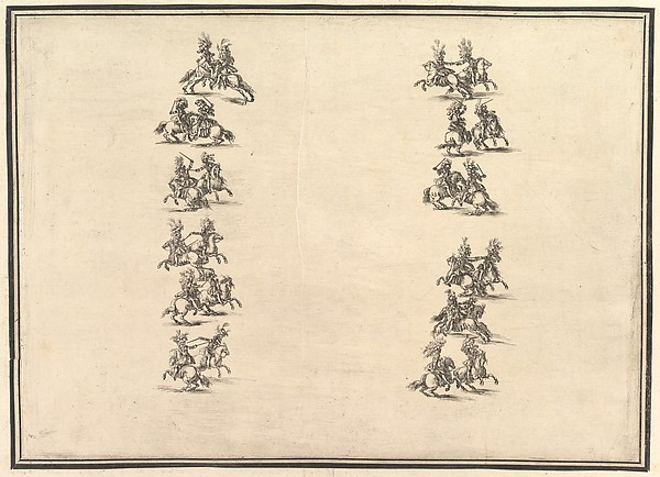 Twenty-four riders dueling and forming two columns, from 'La Gara delle Stagioni'