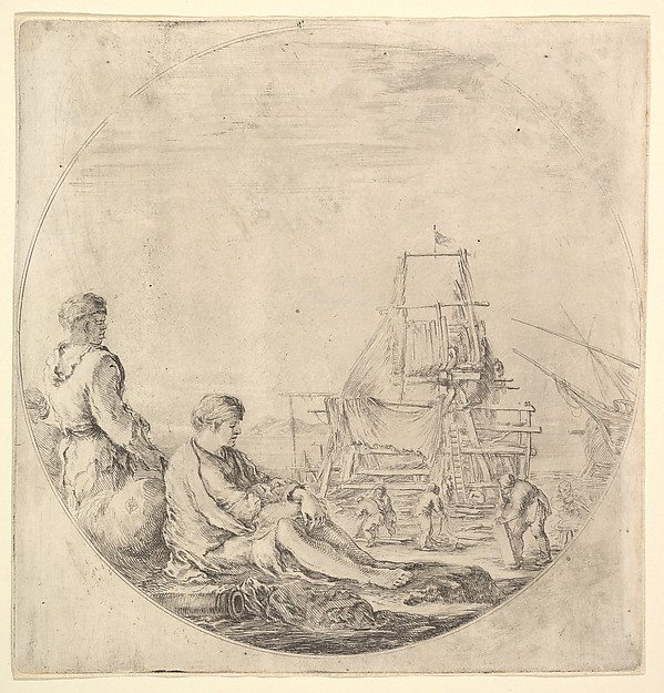A Black sailor standing to left, in profile to the right, a White sailor seated in center with legs outstretched, a ship being repaired to right in the background