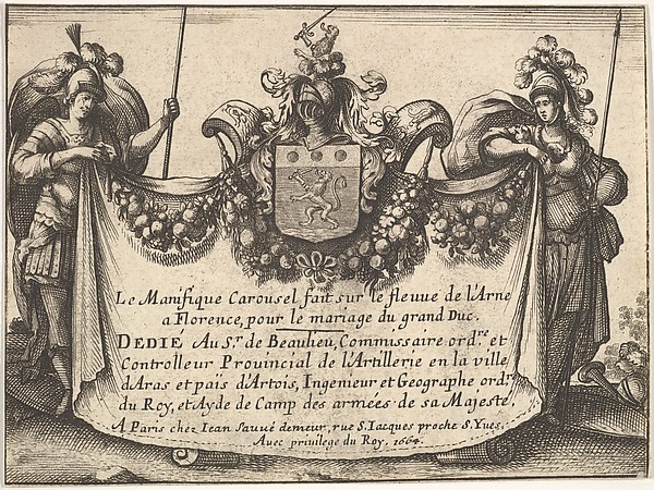Title page from 'The magnificent pageant on the Arno in Florence for the marriage of the Grand Duke' (Le Magnifique carousel fait sur le fleuve de l'Arne a Florence, pour le mariage du Grand Duc); two figures holding a curtain inscribed with title and other details