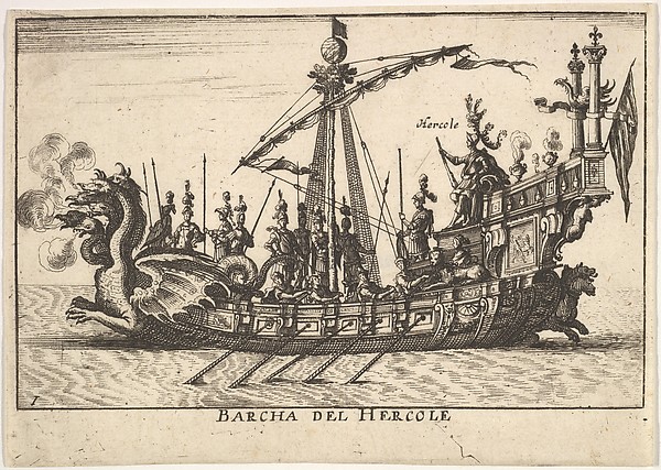 Plate 1: Ship of Hercules (Barcha del Hercole), with dragon-headed prow and Hercules on platform behind oarsmen and standing soldiers, from the series 'The magnificent pageant on the river Arno in Florence for the marriage of the Grand Duke' (Le Magnifique carousel fait sur le fleuve de l'Arne a Florence, pour le mariage du Grand Duc), for the wedding celebration of Cosimo de' Medici in Florence, 1608