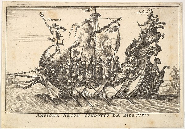 Plate 2: The Argonaut Amphion led by Mercury (Anfione Argon. condotto da Mercurio), with a fantastic beast head at the prow and Amphion seated at the stern, from the series 'The magnificent pageant on the river Arno in Florence for the marriage of the Grand Duke' (Le Magnifique carousel fait sur le fleuve de l'Arne a Florence, pour le mariage du Grand Duc), for the wedding celebration of Cosimo de' Medici in Florence, 1608