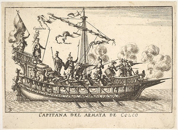 Plate 3: Captain of the army of Chalchis (Capitana del armata de Colco), from the series 'The magnificent pageant on the river Arno in Florence for the marriage of the Grand Duke' (Le Magnifique carousel fait sur le fleuve de l'Arne a Florence, pour le mariage du Grand Duc), for the wedding celebration of Cosimo de' Medici in Florence, 1608