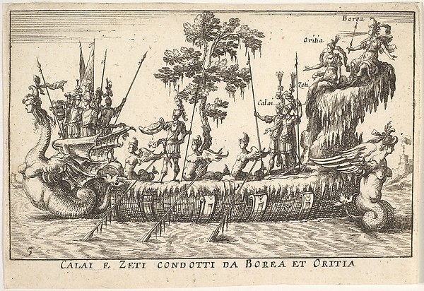 Calais and Zetes led by Boreas and Oreithyia (Calai e Zeti condotti da Borea et Oritia), with female-headed sea creatures at the prow and stern, and a tree at shipdeck center, from the series 'The magnificent pageant on the river Arno in Florence for the marriage of the Grand Duke' (Le Magnifique carousel fait sur le fleuve de l'Arne a Florence, pour le mariage du Grand Duc), for the wedding celebration of Cosimo de' Medici in Florence, 1608