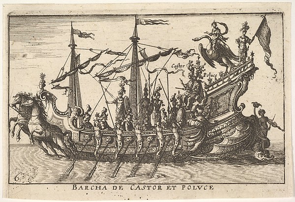 Plate 6: Ship of Castor and Pollux (Barcha de Castor et Poluce), from the series 'The magnificent pageant on the river Arno in Florence for the marriage of the Grand Duke' (Le Magnifique carousel fait sur le fleuve de l'Arne a Florence, pour le mariage du Grand Duc), for the wedding celebration of Cosimo de' Medici in Florence, 1608