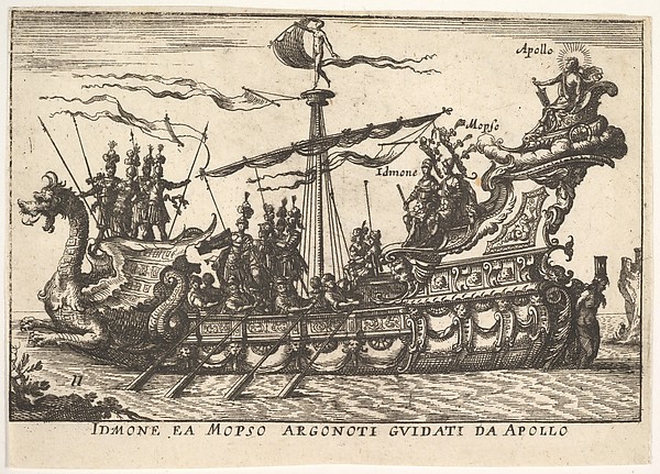 Plate 11: Idmon and Mopsus guided by Apollo (Idmone ea Mopso Argonoti guidati da Apollo), with an aureole around Apollo's head, from the series 'The magnificent pageant on the river Arno in Florence for the marriage of the Grand Duke' (Le Magnifique carousel fait sur le fleuve de l'Arne a Florence, pour le mariage du Grand Duc), for the wedding celebration of Cosimo de' Medici in Florence, 1608
