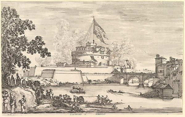 View of the Tiber river, a large tree to left, two groups of women to left in the foreground, a bridge leading to the Castello Sant'Angelo to left, above which a large flag is hoisted, clouds of gunsmoke to right and left of the castle