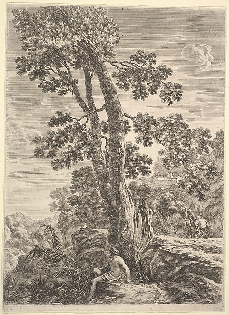 A fisherman at center facing left and leaning against a large tree, a woman walking next to a horse to right in the background, from 'Four large landscapes' (Quatre grands paysages en hauteur)