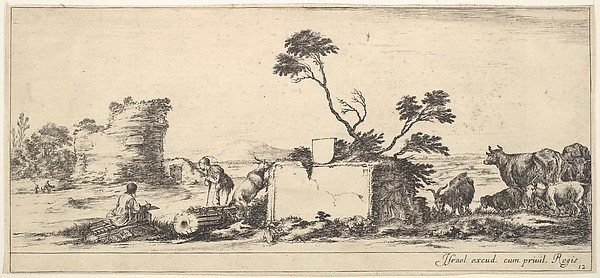 Plate 12: a seated draughtsman to left, a standing shepherd next to him to right, ruins and animals to the right, a tower in ruins to left in the background, from "Various Landscapes" (Divers Paysages)