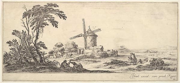 Plate 10: a family in center foreground, various figures and horses in middleground, a windmill in center background, from 'Various landscapes' (Divers paysages)