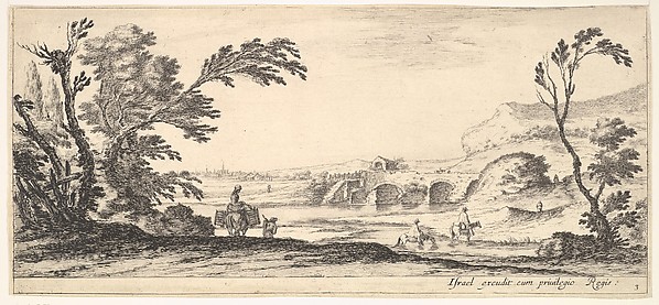 Plate 3: two horsemen crossing a river to right, a woman with two baskets atop a donkey to left, trees to the left and right, a bridge in the background, from "Various Landscapes" (Divers Paysages)