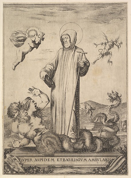 Saint Jean Gualbert trampling a monster with two human heads and a serpentine body, a flying demon in background to right, an angel with a cross flying to left, from 'Frontispiece and four scenes from the life of Saint John Gualbert' (Frontispice et quatre vignettes pour une vie de Saint Jean Gualbert)