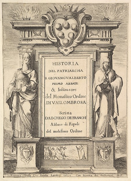 Frontispiece: a monument decorated with the Medici coat of arms at top in center, flames at top to either side, a hooded figure on right side of monument with a weasel below, a figure to left side wearing a papal crown, a scene of a monk chasing away demons with a cross on base of monument, from 'Frontispiece and four scenes from the life of Saint John Gualbert' (Frontispice et quatre vignettes pour une vie de Saint Jean Gualbert)