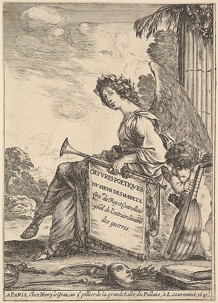 Frontispiece for 'Poems by Desmarets' (Oeuvres poétiques de Desmarets): a winged woman representing poetry sitting in center, turned towards the left, holding a bugle in her left hand, a putto at right tuning a lute, a mask, books, and swords on ground below