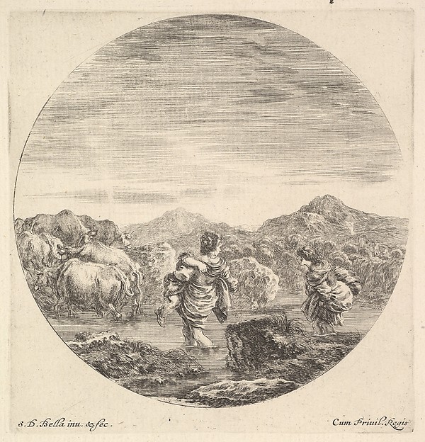 A woman carrying a child in center, seen from behind, another woman to right, facing left, following a group of cows across a river, a round composition, from 'Six animal subjects' (Six sujets d'animaux)