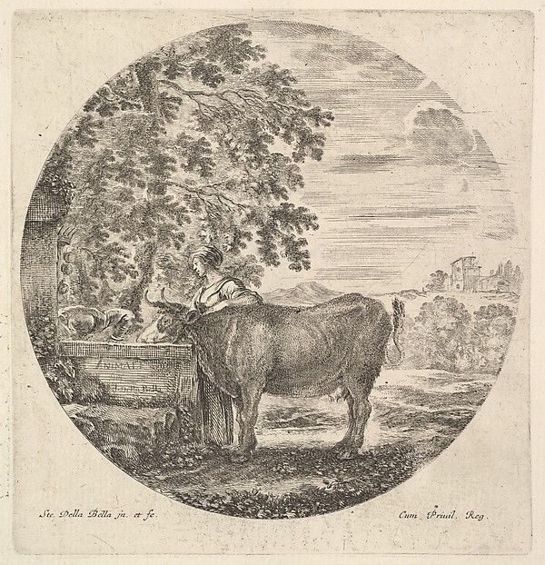 A cow in center drinking from a fountain adorned with the Medici coat of arms at left, accompanied by a shepherd standing behind, a round composition, from 'Six animal subjects' (Six sujets d'animaux)