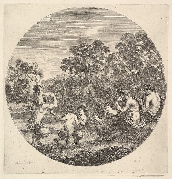 Two satyrs and a faun seated to right watching two child satyrs and another satyr with an child on his shoulders dance to left, a round composition, from 'Six animal subjects' (Six sujets d'animaux)