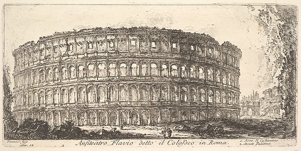 Plate 12: Flavian Amphitheater, called the Colosseum. 1. Arch of Constantine. 2. Palatine Hill. (Anfiteatro Flavio detto il Colosseo in Roma. 1. Arco di Costantino. 2. Monte Palatino.), from "Antichità Romane de' Tempi della Repubblica, e de' primi Imperatori"