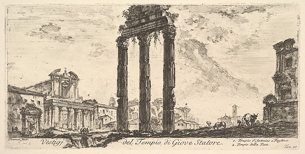 Plate 10: Ruins of the Temple of Jupiter Stator (Jupiter the Supporter). 1. Temple of Antoninus and Faustina. 2. Temple of Peace. (Vestigi del Tempio di Giove Statore. 1. Tempio d'Antonino e Faustina. 2. Tempio della Pace.), from "Antichità Romane de' Tempi della Repubblica, e de' primi Imperatori"